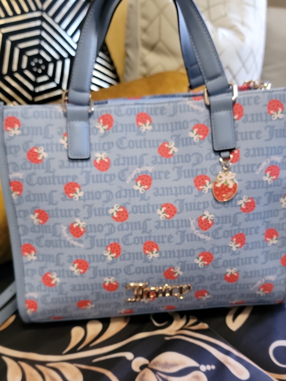Juicy Couture Light Blue Tote with Red Strawberry Print